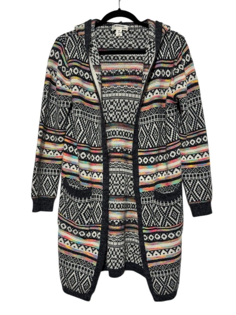 Monteau Rainbow Aztec Southwest Cardigan Sweater Size S Hooded Knit Boho Hippie